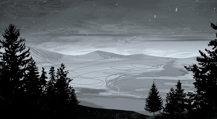 Empty rural landscape illustration. Canadian wilderness. Pine forest and snow. © Jakub