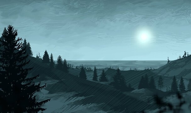 Empty rural landscape illustration. Alien world space art.
