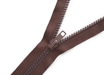 Brown zipper on white background, top view