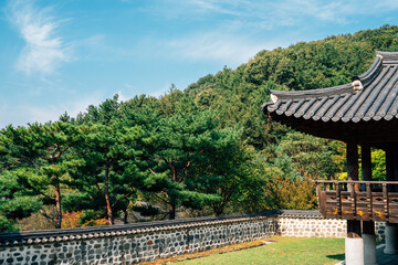 Fototapeta na wymiar Korean traditional pavilion and green forest at Uam Historic Park in Daejeon, Korea