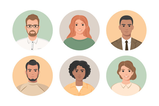 Set of diverse young people avatars in circles isolated on white background. Male and female characters faces for user account and profile. Vector illustration