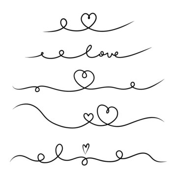 Heart divider set. Hand drawn swirl line borders, hearts and love letters, romantic valentines or wedding decoration, simple style decor vector isolated collection