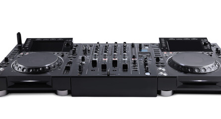 Modern DJ controller on white background, closeup