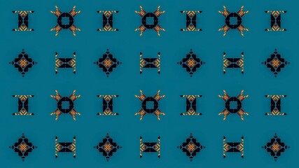 Fototapeta premium Abstract seamless pattern with decorative golden orange and black elements on blue background 