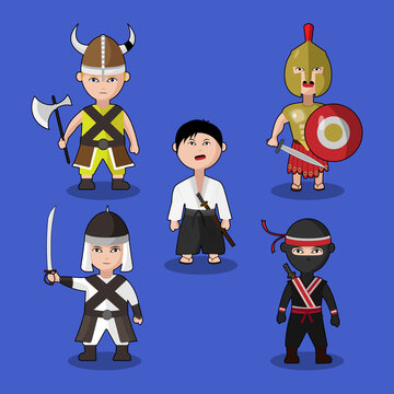 5 Vector Illustrations Of Unique Warriors From Various Cultures. Vikings, Sparta, Samurai, Shinobi, And Mujahid.