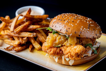 details of tasty chicken burger with fries