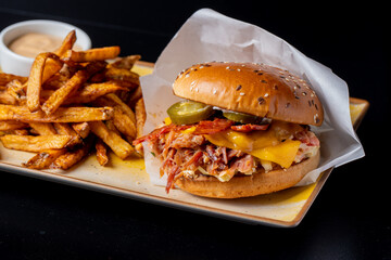 details of tasty spicy pork hamburger