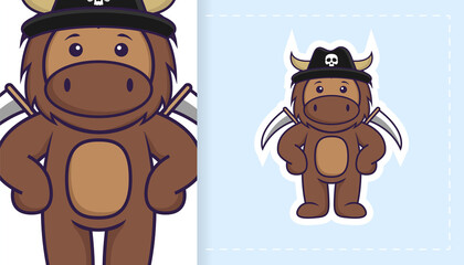 Cute bull mascot character. Can be used on stickers, patches, textiles, paper, cloth and others.