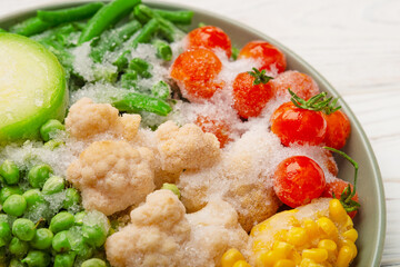 Cose-up mixed frozen vegetables in a plate