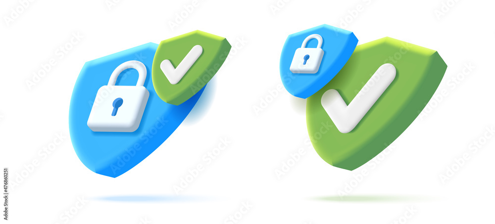 Poster set of digital security icons with 3d shield shape with padlock, two isometric 3d render illustratio