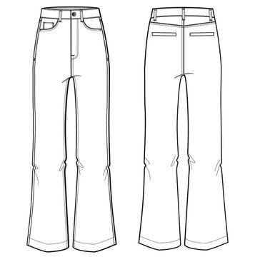 women high rise boot cut cropped jeans front and back view template fashion flat sketch vector illustration Stock Adobe Stock