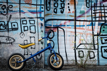 Laufrad lehnt an einer Grafitti-Wand