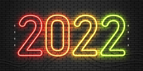 2022 neon text. Happy 2022 new year neon banner. Vector Illustration.