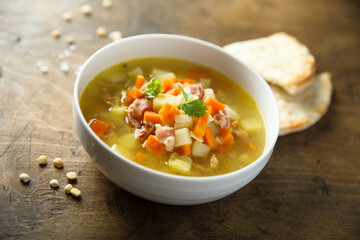 Homemade pea soup with bacon