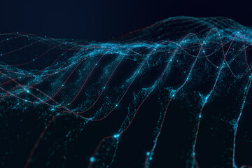Abstract technological blue particle wave background concept. Transferring of server, big data, block chain, internet. 3d rendering