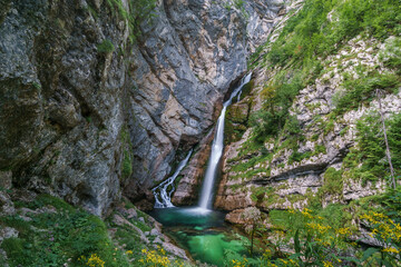Long exposure of waterfall Savica in triglav National park Alp mountains, Slovenia