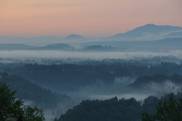 Twilight before sunrise in the morning over mountain landscape near Bled, Slovenia