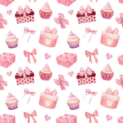 Watercolor seamless pattern with gift boxes, cupcake, bows and hearts isolated on white background. Valentine's Day concept.