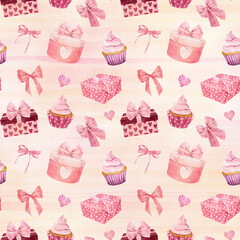 Watercolor seamless pattern with gift boxes, cupcake, bows and hearts on pink striped background. Valentine's Day concept.