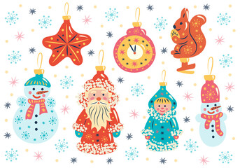 Set Soviet New Year tree toys. Christmas decoration: Ded Moroz and Snegurochka, snowmans, squirrel, clock chimes, star.