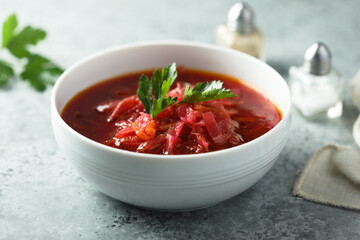 Traditional homemade beetroot soup with fresh parsley