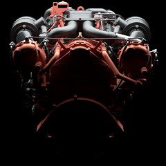 Turbo diesel engine on a dark background. The silhouette of a red twin-turbine engine emerges from the darkness. 3d illustration