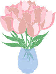 Bouquet of pink tulips in glass vase. Spring flowers for Women's day