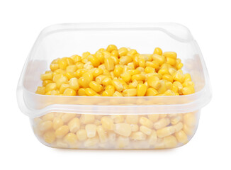 Fresh corn kernels in plastic container isolated on white