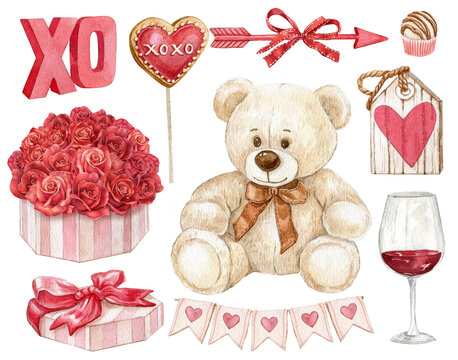 Naklejki Watercolor valentines day set, romantic elements.Plush teddy bear, red rose bouquet, xoxo,vine glass,heart tags,red heart. Elegant style. Hand-drawn illustration. Wedding and bridal shower set