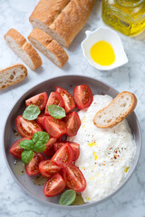 Stracciatella di bufala with cherry tomatoes, green basil, olive oil and ciabatta, high angle view on a light-grey stone background