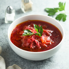 Traditional homemade beetroot soup with fresh parsley