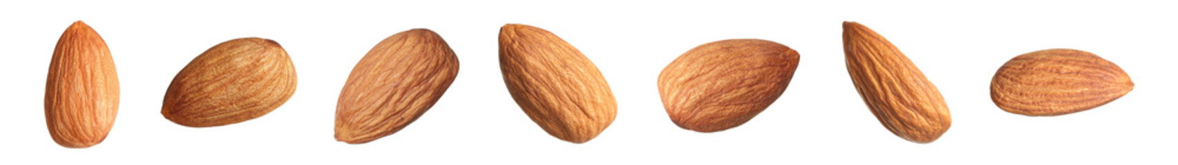 Set with tasty almonds on white background. Banner design