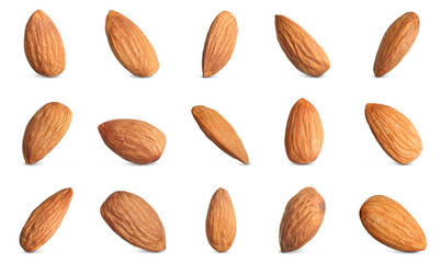 Set with tasty almonds on white background