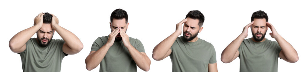 Collage with photos of young man suffering from headache on white background. Banner design