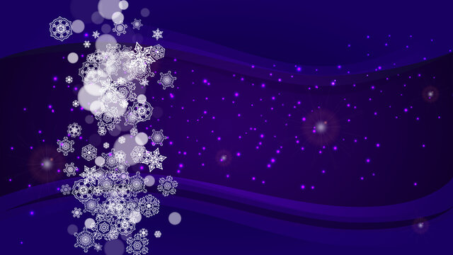 Xmas theme sales with ultra violet snowflakes. New Year backdrop. Snow border for gift coupons, vouchers, ads, party events. Christmas trendy background. Holiday frosty banner for xmas theme