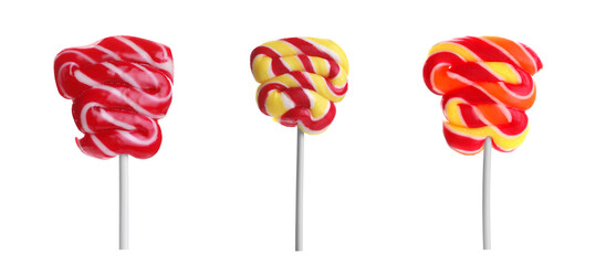 Set with tasty colorful lollipops on white background. Banner design