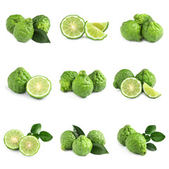 Set with fresh ripe bergamot fruits on white background