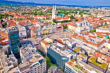Zagreb main square and cathedral aerial panoramic view