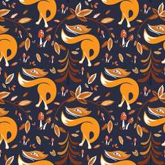 Fox on the background of trees, mushroom and branches with leaves seamless pattern. Perfect for kids apparel,fabric, textile, nursery decoration,wrapping paper