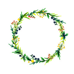watercolor wreath of flowers, meadow herbs and berries isolated on white background.
