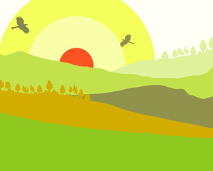 Mountain autumn landscape. Mountains at sunset, birds fly in the sky. The red sun is setting behind the mountains.