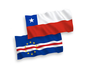 National vector fabric wave flags of Republic of Cabo Verde and Chile isolated on white background. 1 to 2 proportion.