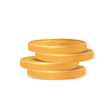 Coins pile. Golden coin dollar stack, jackpot coins, gold treasure prize, realistic 3D vector illustration. Gold money heap, gambling.