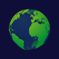 Modern 3D world map concept transparent blue and green in dark space. World planet, earth sphere vector illustration.