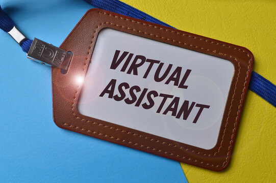 Brown name tag written with text VIRTUAL ASSISTANT.