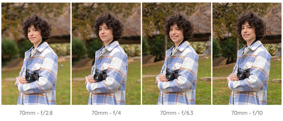 Composition of four portrait photos taken with different diaphragm apertures - Powered by Adobe