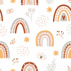 Seamless pattern with cute rainbows. Childish print for nursery in a Scandinavian style for baby clothes, interior, packaging. Vector cartoon illustration in pastel colors.