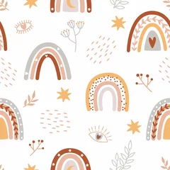 Wallpaper murals Rainbow Seamless pattern with cute rainbows. Childish print for nursery in a Scandinavian style for baby clothes, interior, packaging. Vector cartoon illustration in pastel colors.