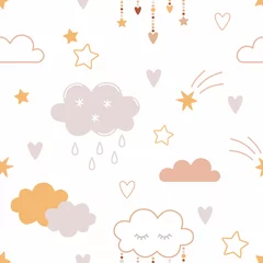 Foto op Canvas Seamless pattern with cute clouds. Childish print for nursery in a Scandinavian style for baby clothes, interior, packaging. Vector cartoon illustration in pastel colors. © Irina