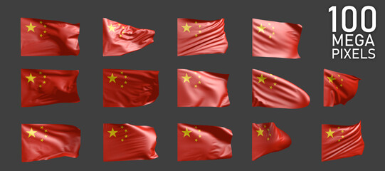 China flag isolated - different realistic renders of the waving flag on grey background - object 3D illustration